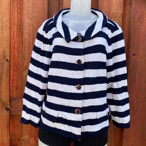 St. John Blue and White Striped Button-Up Jacket 18 - Picture 8 of 10